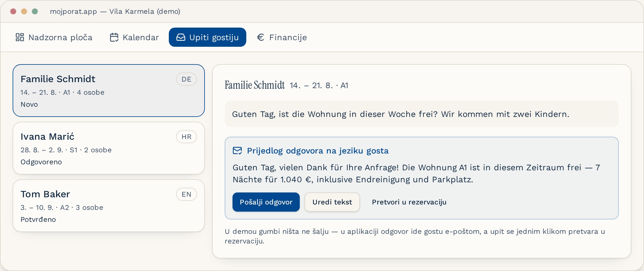 Popis upita gostiju s detaljima boravka